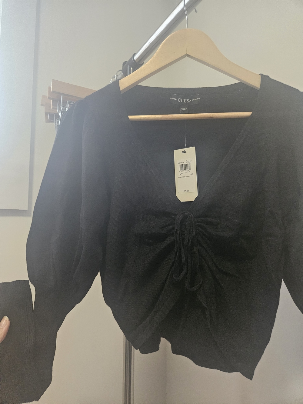 Guess Black Ruched Tie-Front V-Neck Top